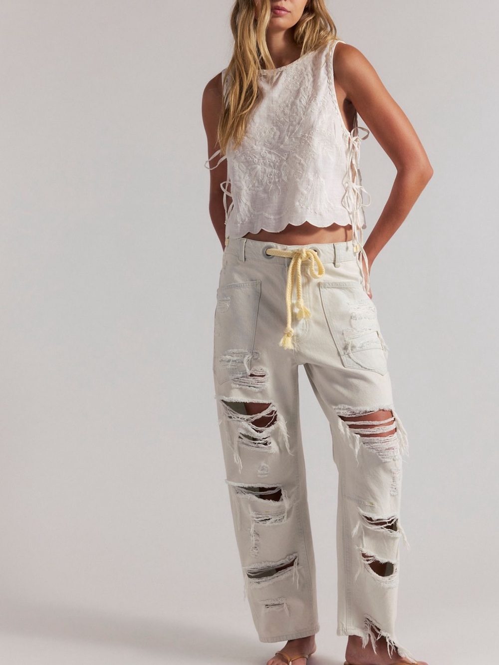 Free People Cream Distressed Boyfriend Moxie Jeans